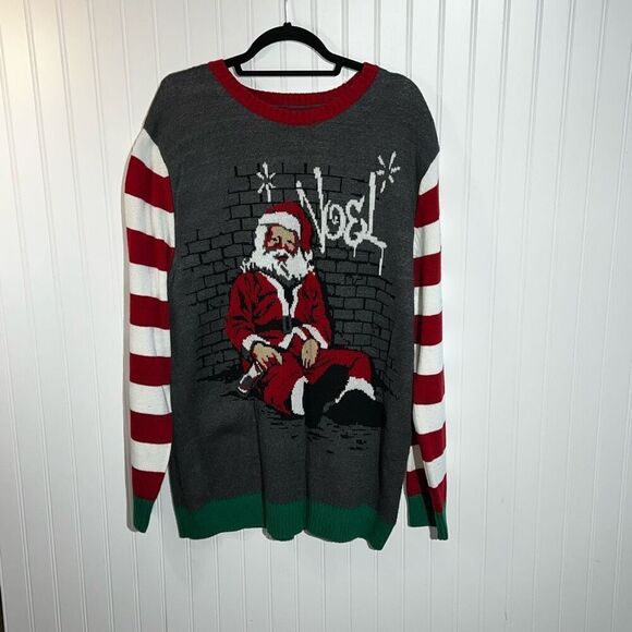 Ugly Christmas Sweater Mens XXLarge Grey Multicolor Drunk Santa Passed Out Knit - Picture 1 of 12